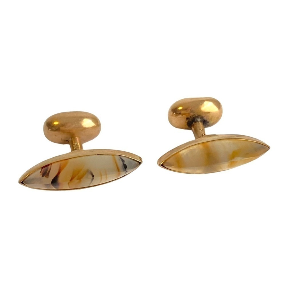 Art Deco 10K Gold Agate Cufflinks Marquis Cut‎ Mens Antique Vintage 40s 50s
